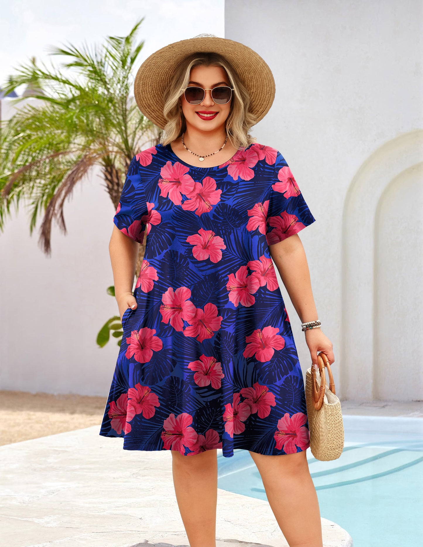 Women's Casual T-Shirt Dress Plus Size Summer Short Sleeve Crewneck Swing Dresses Beach Vacation Royal Blue Floral Dress