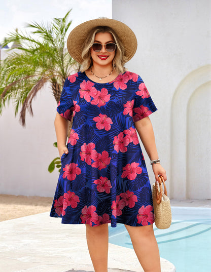 Women's Casual T-Shirt Dress Plus Size Summer Short Sleeve Crewneck Swing Dresses Beach Vacation Royal Blue Floral Dress