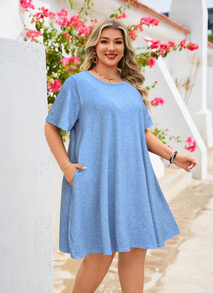 Women's Casual T-Shirt Dress Plus Size Summer Short Sleeve Crewneck Swing Dresses Beach Vacation Blue Dresses
