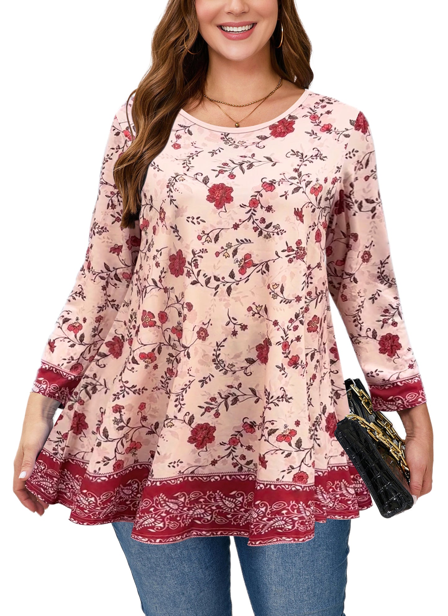 Womens Tunic 3/4 Sleeve Plus Size Tops Crew Neck Swing Flowy Loose Fit T-Shirt Blouses to Wear with Leggings Red Floral Pink Tunic