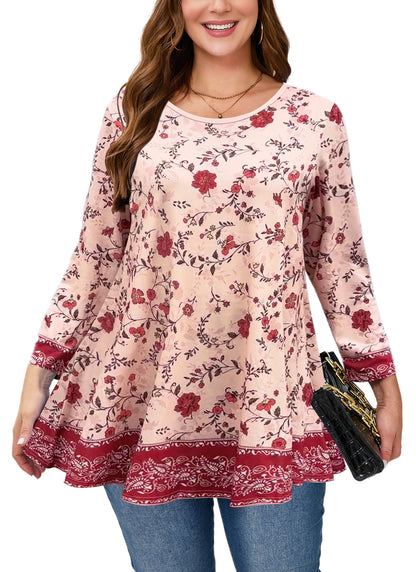 Womens Tunic 3/4 Sleeve Plus Size Tops Crew Neck Swing Flowy Loose Fit T-Shirt Blouses to Wear with Leggings Red Floral Pink Tunic