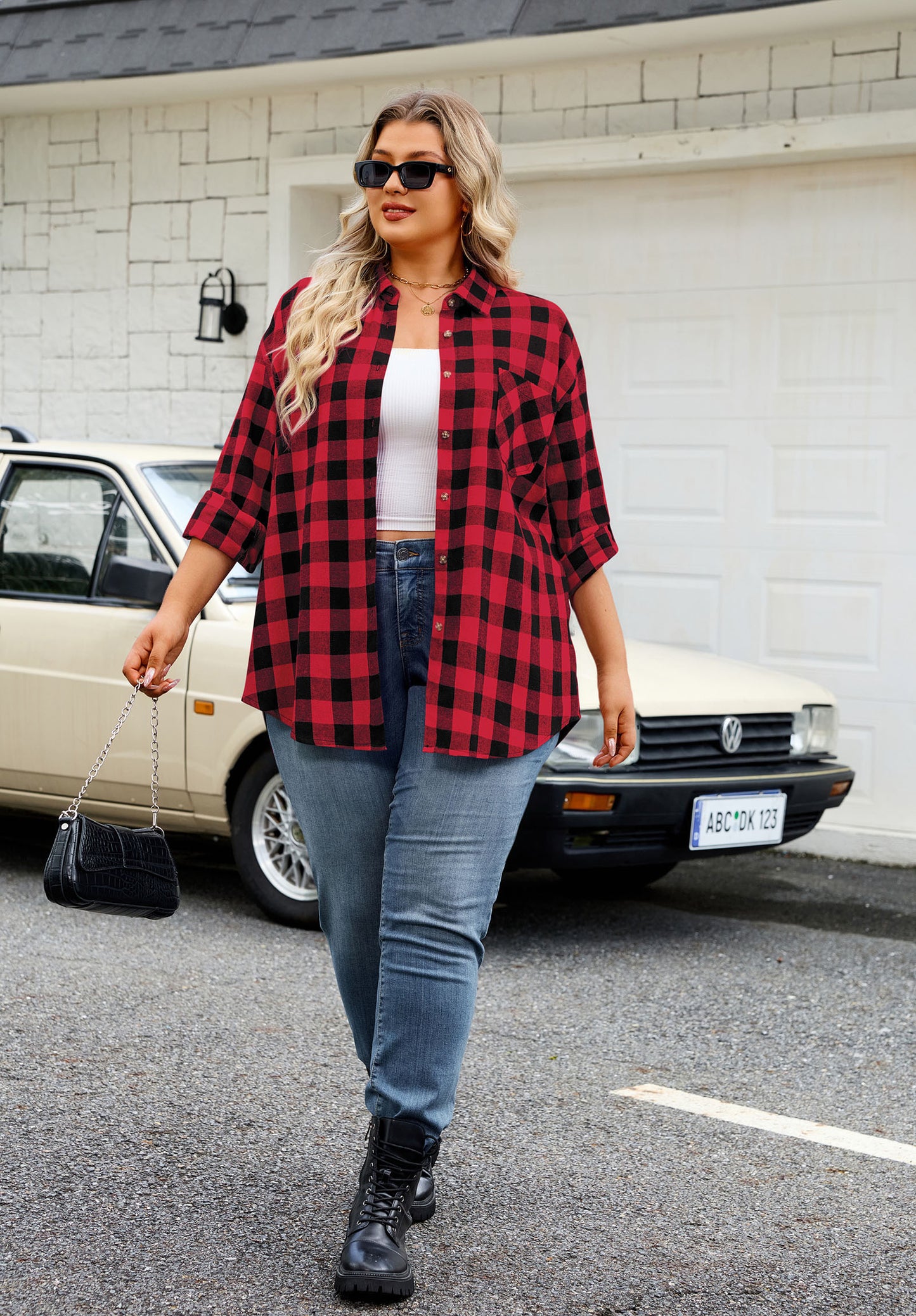 Womens Plus Size Flannel Shirts Long Sleeve Button Down Plaid Shirt Roll Up Oversize Checkered Blouse Top Fall I