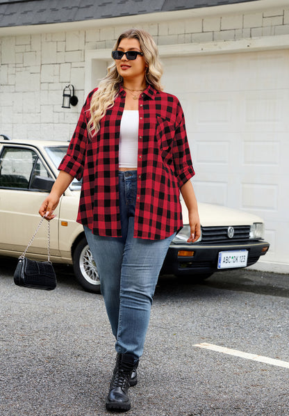 Womens Plus Size Flannel Shirts Long Sleeve Button Down Plaid Shirt Roll Up Oversize Checkered Blouse Top Fall E-01 Red Plaid Shirt