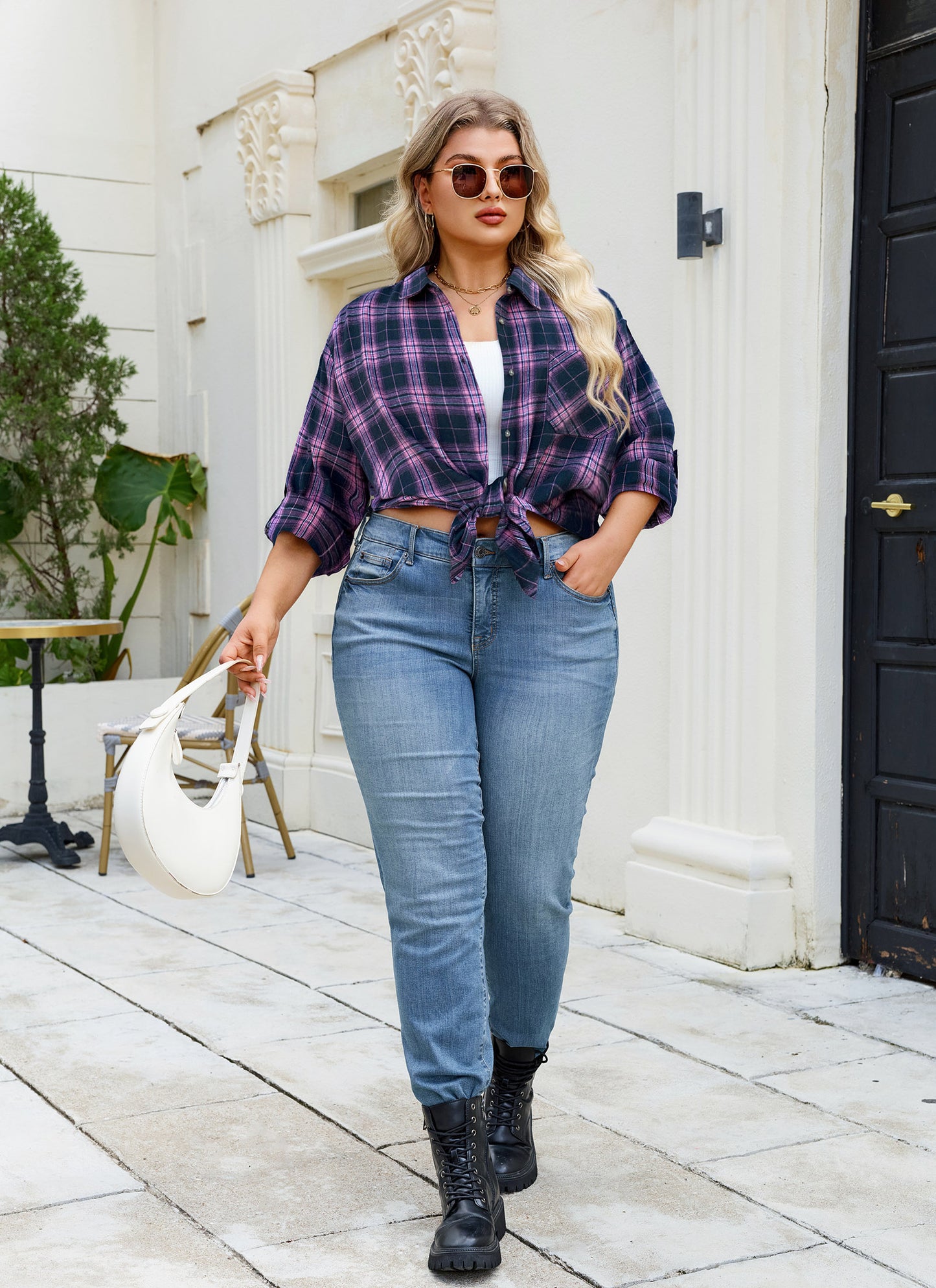 Womens Plus Size Flannel Shirts Long Sleeve Button Down Plaid Shirt Roll Up Oversize Checkered Blouse Top Fall  A-02 Pink Navy Blue Plaid Shirt