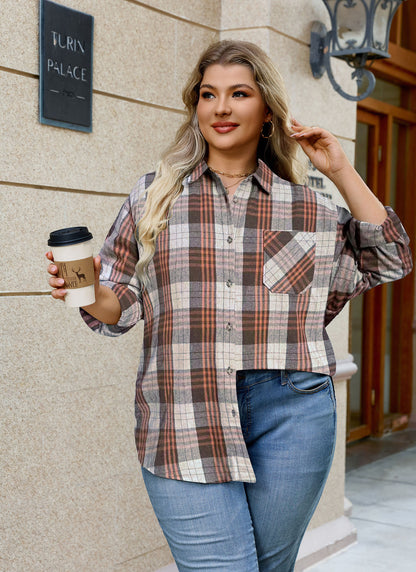 Womens Plus Size Flannel Shirts Long Sleeve Button Down Plaid Shirt Roll Up Oversize Checkered Blouse Top Fall G-02 Brown Plaid Shirts
