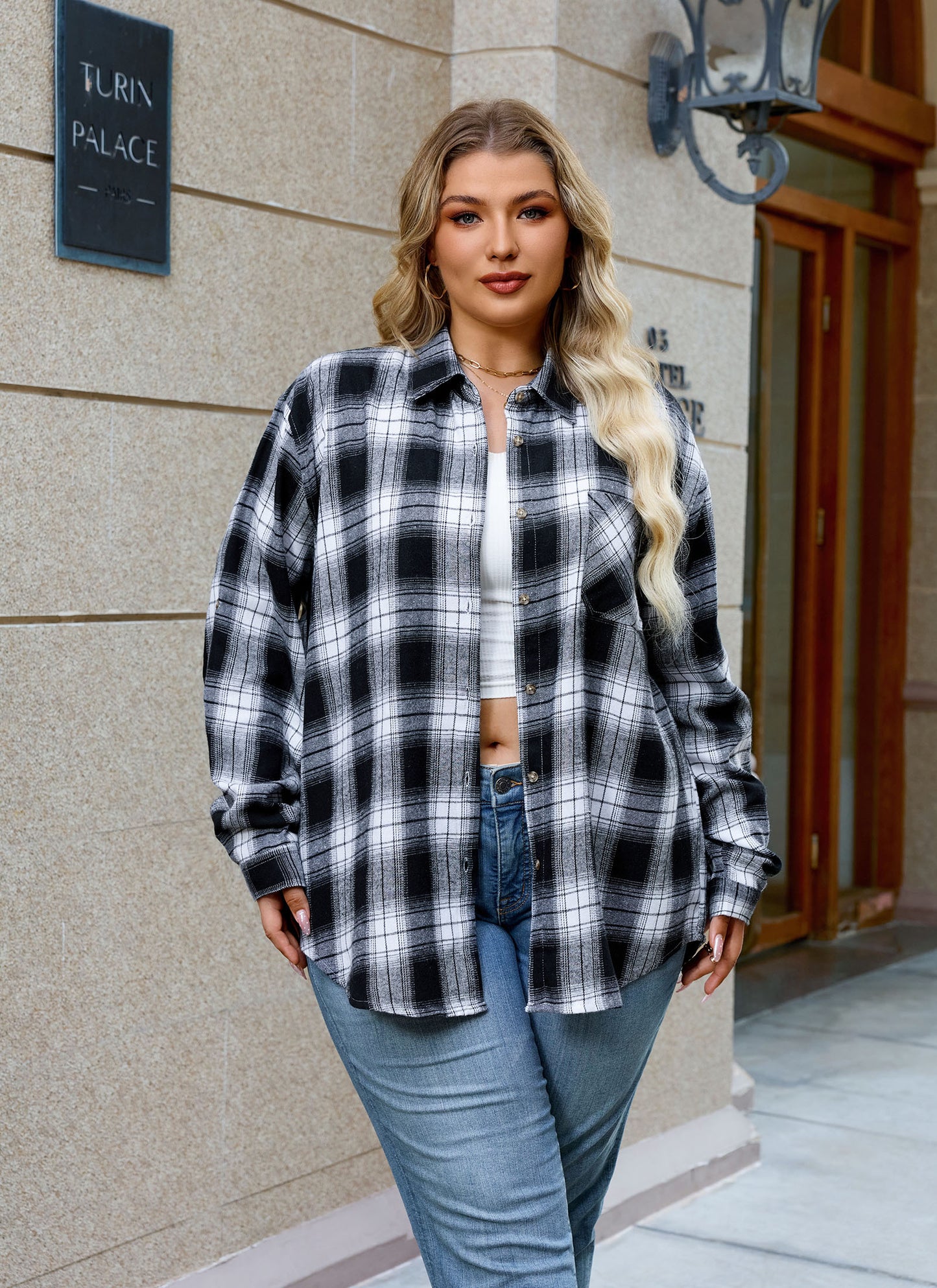 Womens Plus Size Flannel Shirts Long Sleeve Button Down Plaid Shirt Roll Up Oversize Checkered Blouse Top Fall B-01 Black White Plaid Shirt