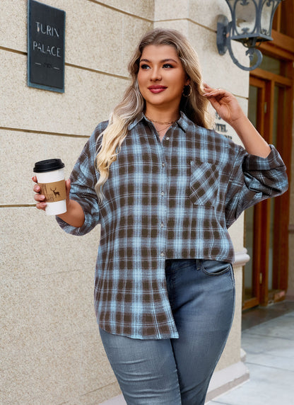 Womens Plus Size Flannel Shirts Long Sleeve Button Down Plaid Shirt Roll Up Oversize Checkered Blouse Top Fall H-01 Brown Blue Plaid Shirts