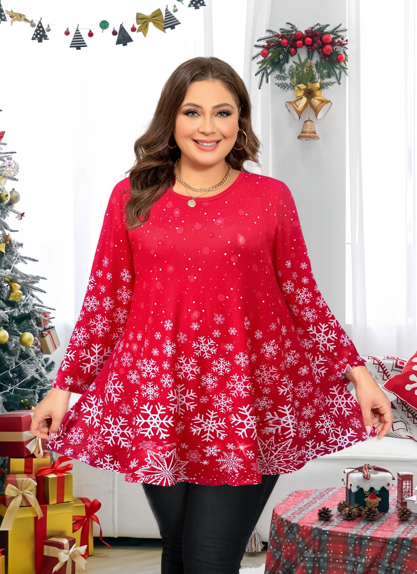 Womens Tunic 3/4 Sleeve Plus Size Tops Crew Neck Swing Flowy Loose Fit T-Shirt Blouses to Wear with Leggings Red Christmas Tops