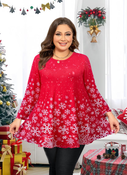 Womens Tunic 3/4 Sleeve Plus Size Tops Crew Neck Swing Flowy Loose Fit T-Shirt Blouses to Wear with Leggings Red Christmas Tops