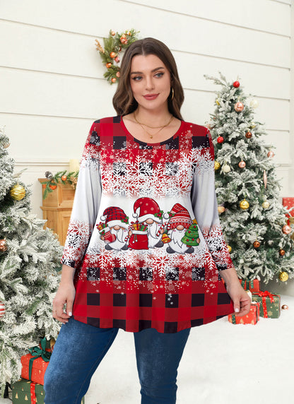 Womens Tunic 3/4 Sleeve Plus Size Tops Crew Neck Swing Flowy Loose Fit T-Shirt Blouses to Wear with Leggings Christmas Plaid Tunic Tops