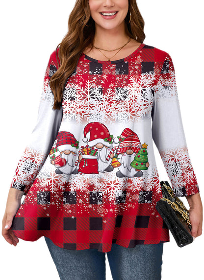 Womens Tunic 3/4 Sleeve Plus Size Tops Crew Neck Swing Flowy Loose Fit T-Shirt Blouses to Wear with Leggings Christmas Plaid Tunic Tops