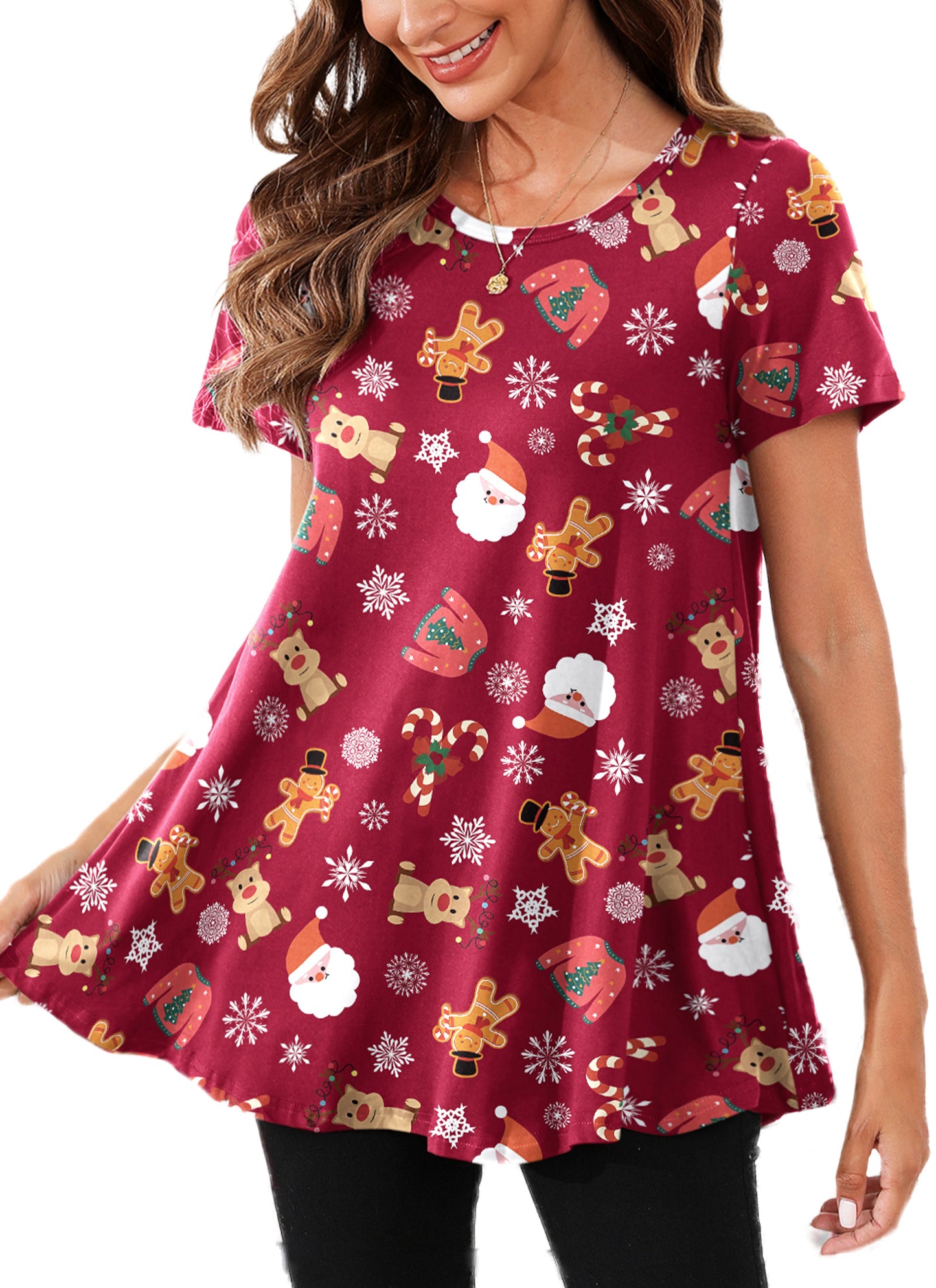 Tunic Tops for Women Plus Size Short Sleeve Crew Neck Swing Flare Loose T-Shirt Blouses to Wear with Leggings B19 SATXRC