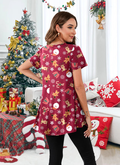 Tunic Tops for Women Plus Size Short Sleeve Crew Neck Swing Flare Loose T-Shirt Blouses to Wear with Leggings B19 SATXRC