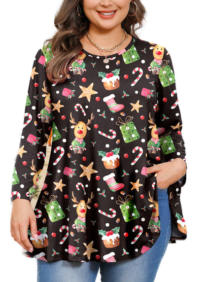 Woman wearing a black Christmas-themed sweater with colorful patterns on a white background
