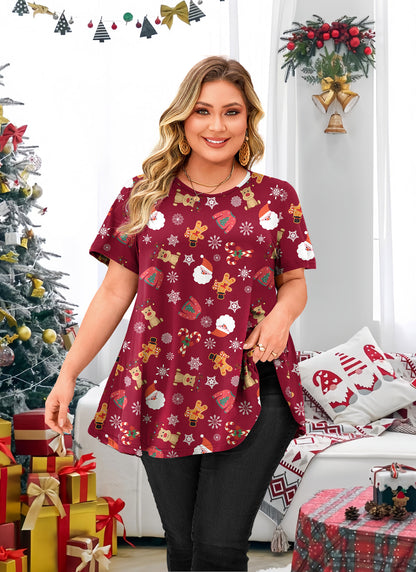 Tunic Tops for Women Plus Size Short Sleeve Crew Neck Swing Flare Loose T-Shirt Blouses to Wear with Leggings B19 SATXRC
