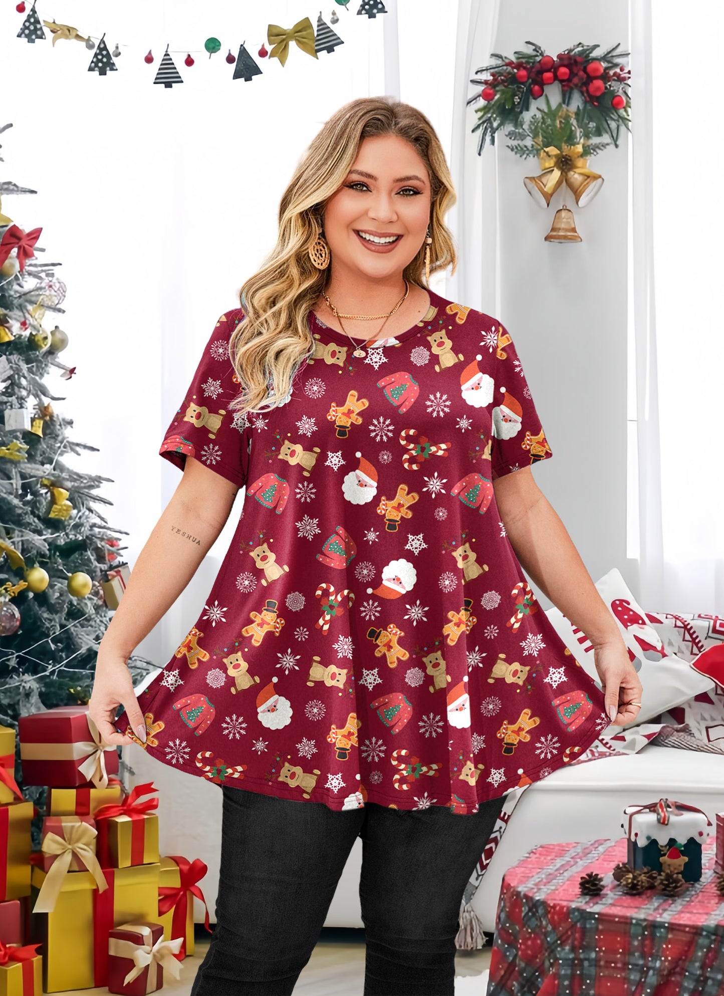 Tunic Tops for Women Plus Size Short Sleeve Crew Neck Swing Flare Loose T-Shirt Blouses to Wear with Leggings B19 SATXRC