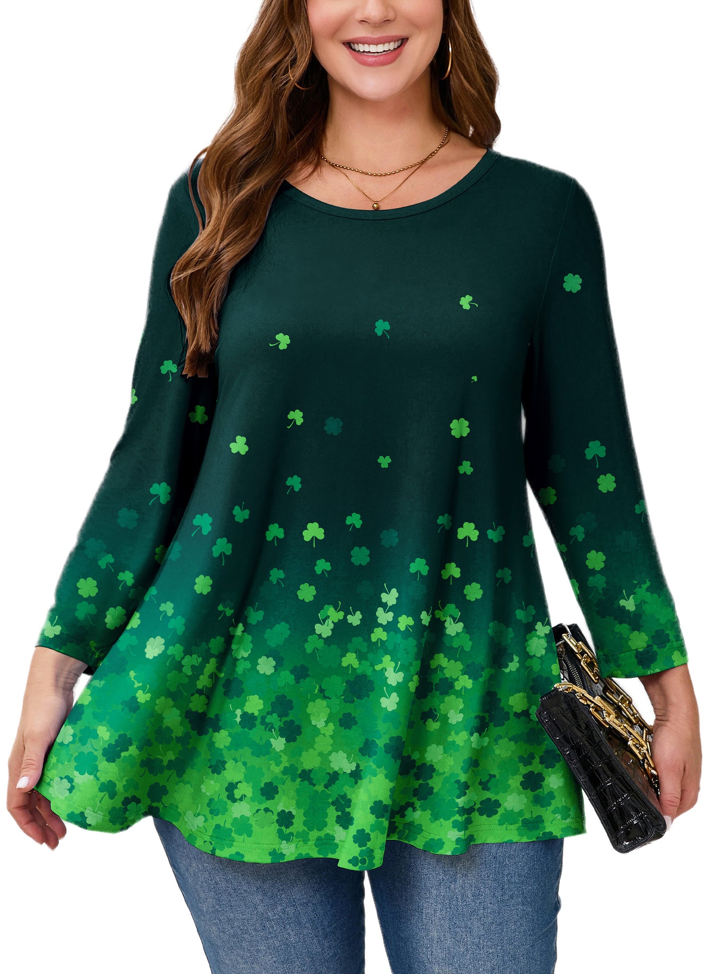 Womens Tunic 3/4 Sleeve Plus Size Tops Crew Neck Swing Flowy Loose Fit T-Shirt Blouses to Wear with Leggings Plus Size Green Leaf