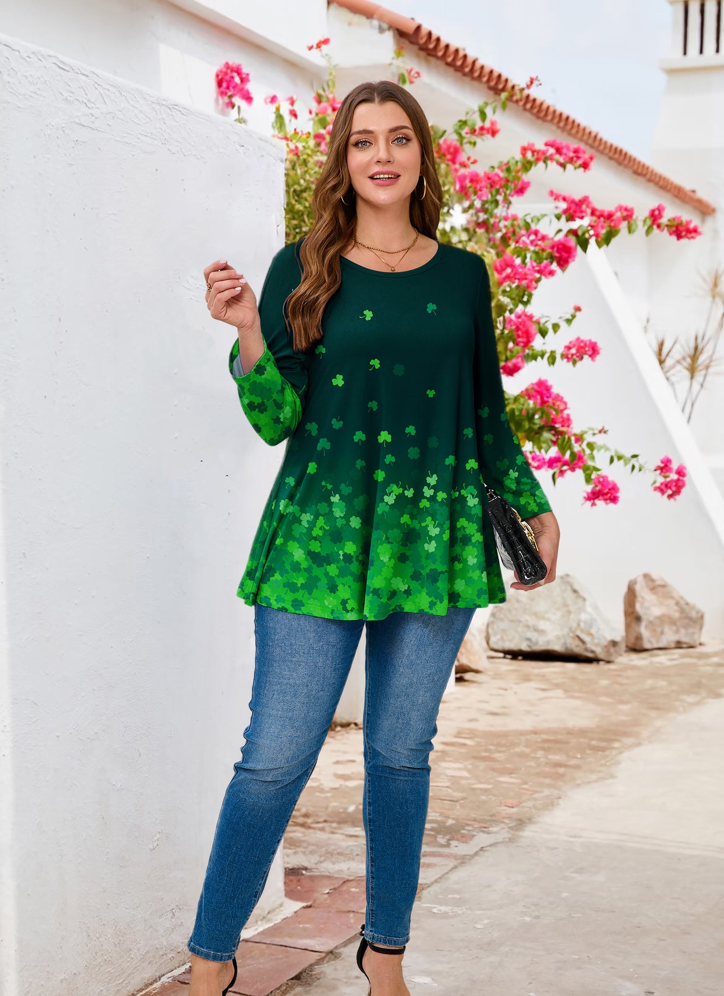 Womens Tunic 3/4 Sleeve Plus Size Tops Crew Neck Swing Flowy Loose Fit T-Shirt Blouses to Wear with Leggings Plus Size Green Leaf