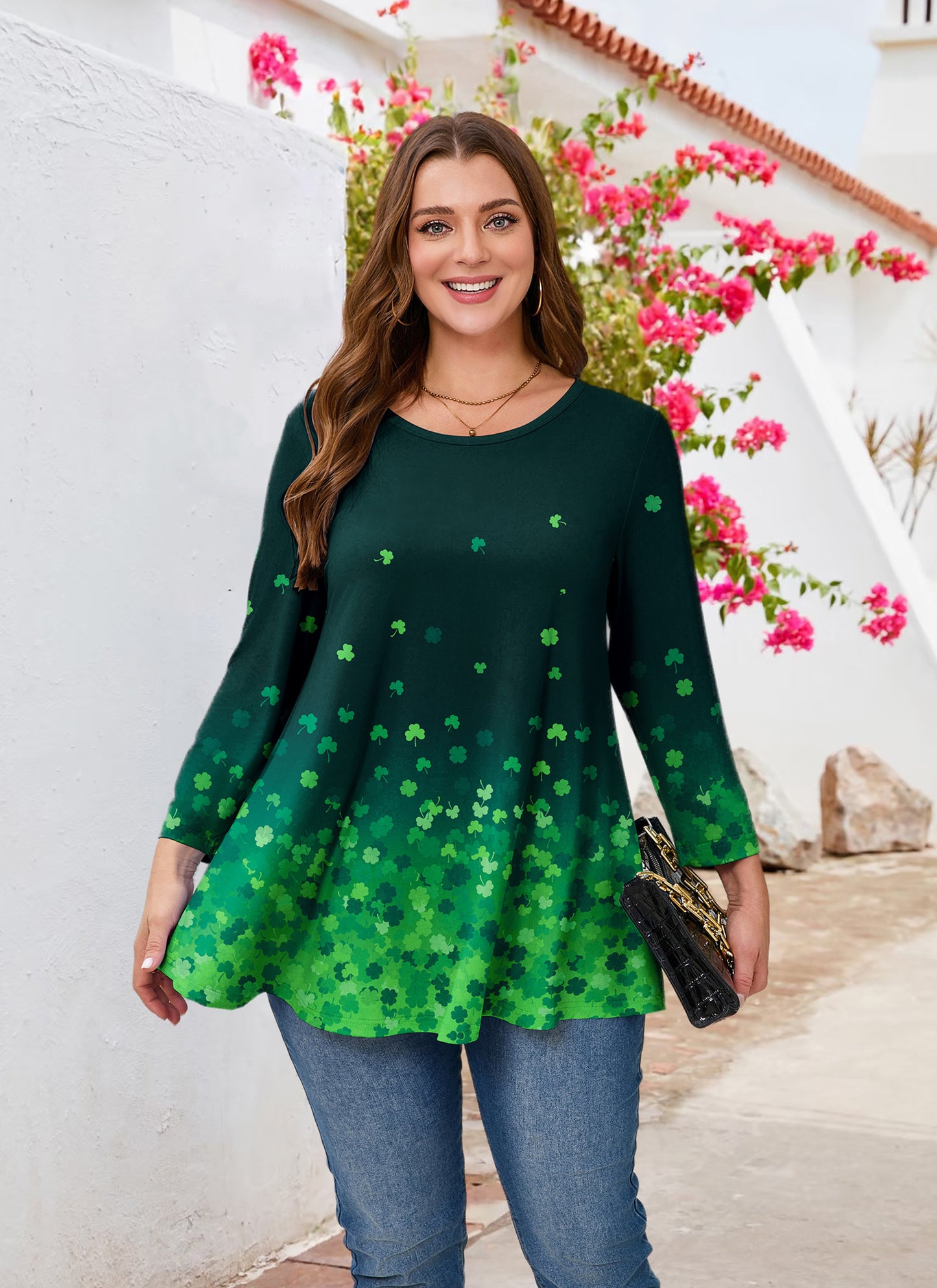 Womens Tunic 3/4 Sleeve Plus Size Tops Crew Neck Swing Flowy Loose Fit T-Shirt Blouses to Wear with Leggings Plus Size Green Leaf
