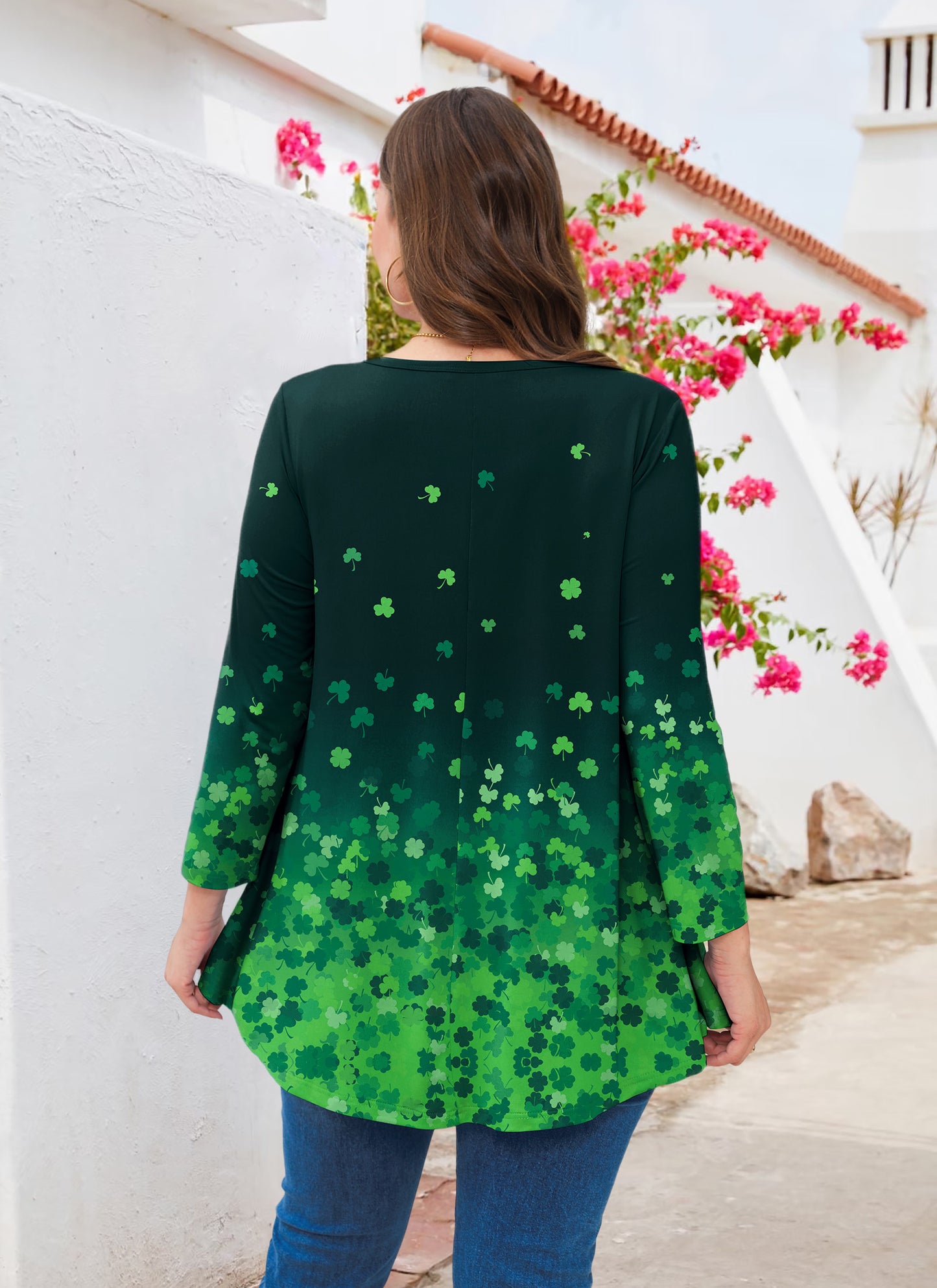 Womens Tunic 3/4 Sleeve Plus Size Tops Crew Neck Swing Flowy Loose Fit T-Shirt Blouses to Wear with Leggings Plus Size Green Leaf