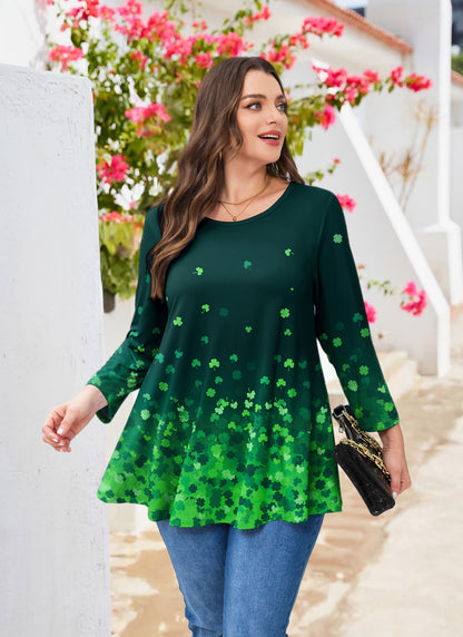 Womens Tunic 3/4 Sleeve Plus Size Tops Crew Neck Swing Flowy Loose Fit T-Shirt Blouses to Wear with Leggings Plus Size Green Leaf