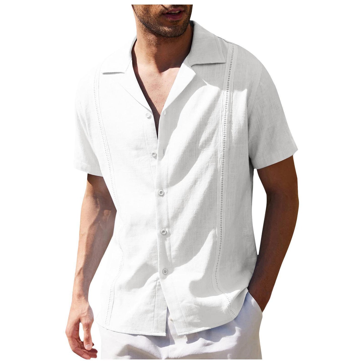 men's button up shirt, loose pleated short sleeved casual shirt