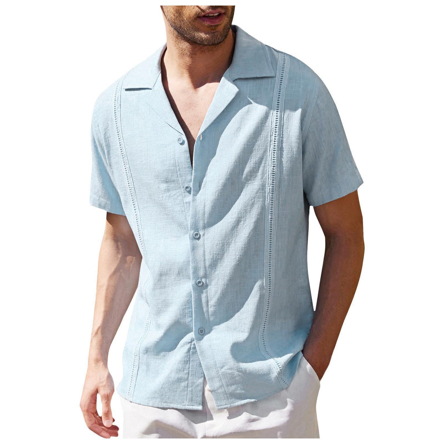 men's button up shirt, loose pleated short sleeved casual shirt
