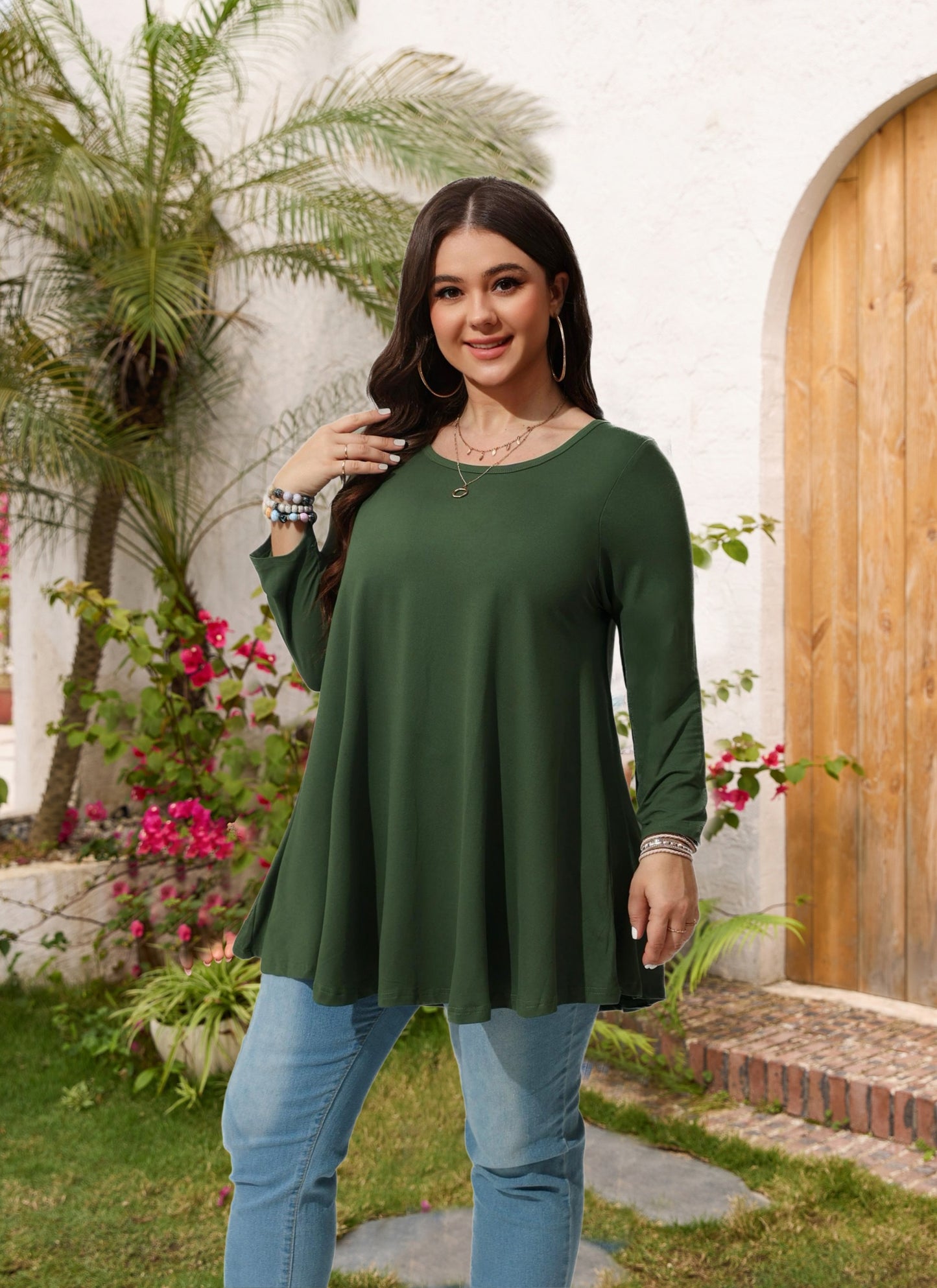 Womens Tops - Plus Size Tunics 3/4 Sleeve Loose Fit Dressy Casual Long Swing Flowy Lady Blouses Shirts Wear with Leggings Teals Blue Clothing A12 SATDG2