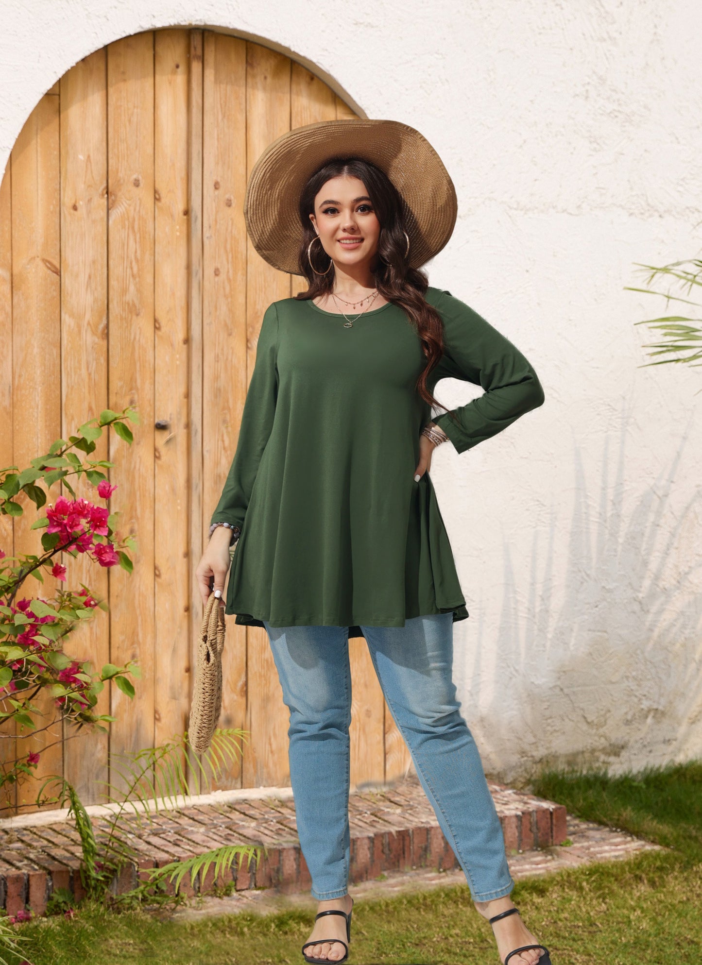 Womens Tops - Plus Size Tunics 3/4 Sleeve Loose Fit Dressy Casual Long Swing Flowy Lady Blouses Shirts Wear with Leggings Teals Blue Clothing A12 SATDG2