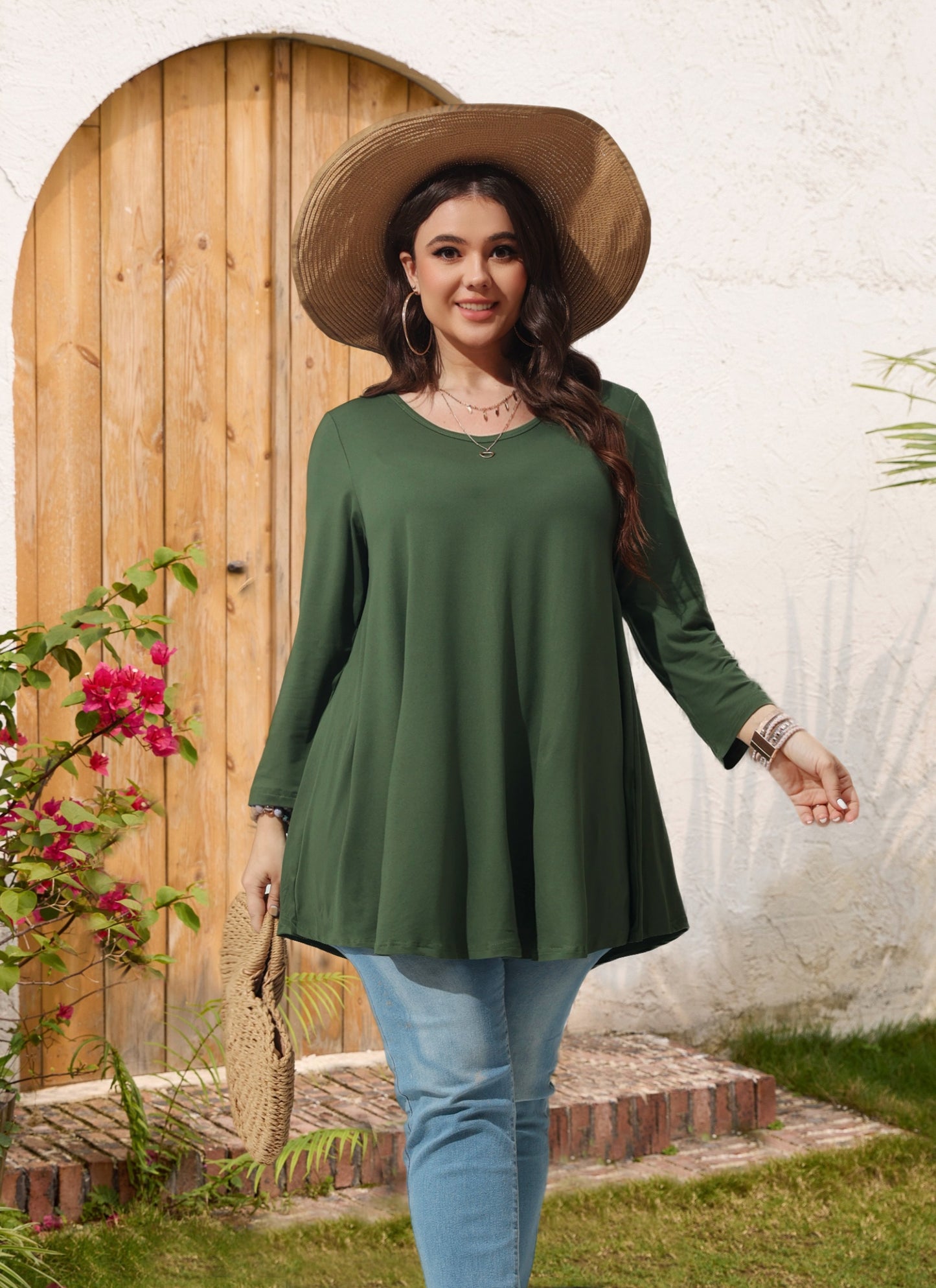 Womens Tops - Plus Size Tunics 3/4 Sleeve Loose Fit Dressy Casual Long Swing Flowy Lady Blouses Shirts Wear with Leggings Teals Blue Clothing A12 SATDG2