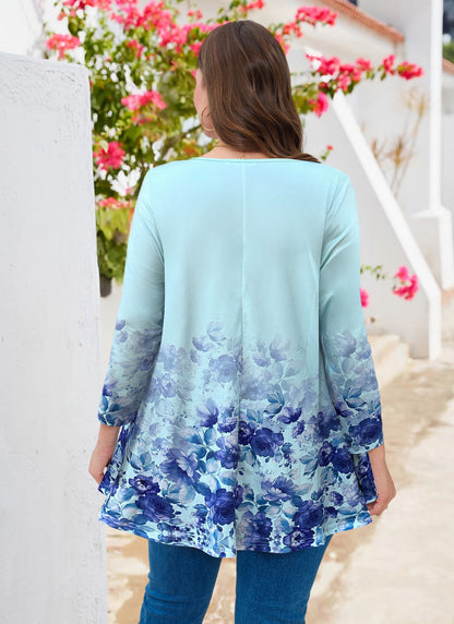 Womens Tunic Tops 3/4 Sleeve Plus Size Crew Neck Swing Flare Loose Fit T-Shirt Blouses to Wear with Leggings Blue Floral Tunics