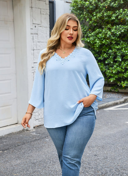Womens Plus Size Blouses Dressy Casual 3/4 Sleeve Elegant V Neck Floral Trim Ladies Tunics Tops Light Blue