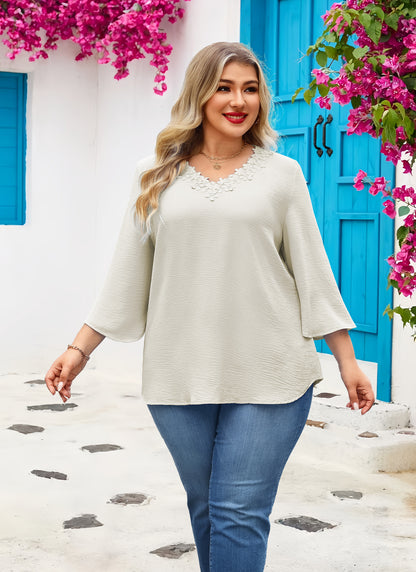 Womens Plus Size Blouses Dressy Casual 3/4 Sleeve Elegant V Neck Floral Trim Ladies Tunics Tops Begie