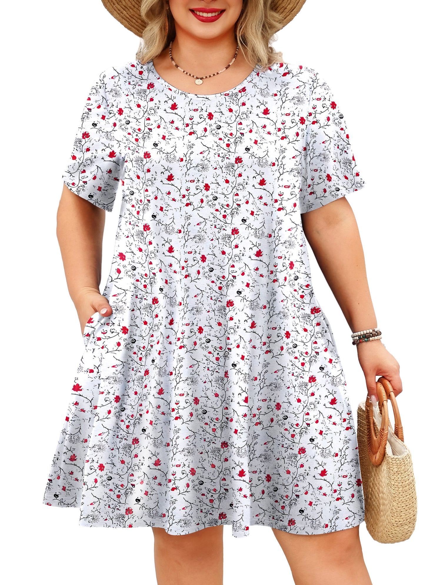 Women's Casual T-Shirt Dress Plus Size Summer Short Sleeve Crewneck Swing Dresses Beach Vacation White Dress
