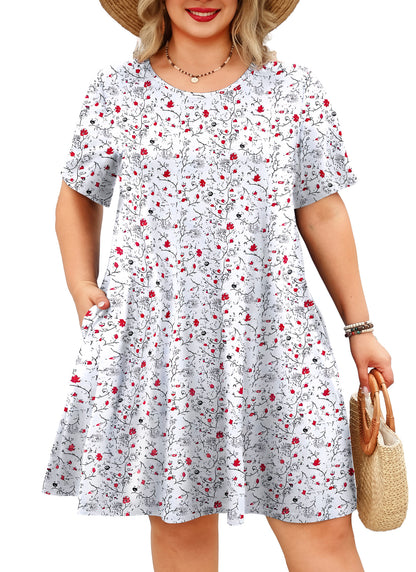 Women's Casual T-Shirt Dress Plus Size Summer Short Sleeve Crewneck Swing Dresses Beach Vacation White Dress