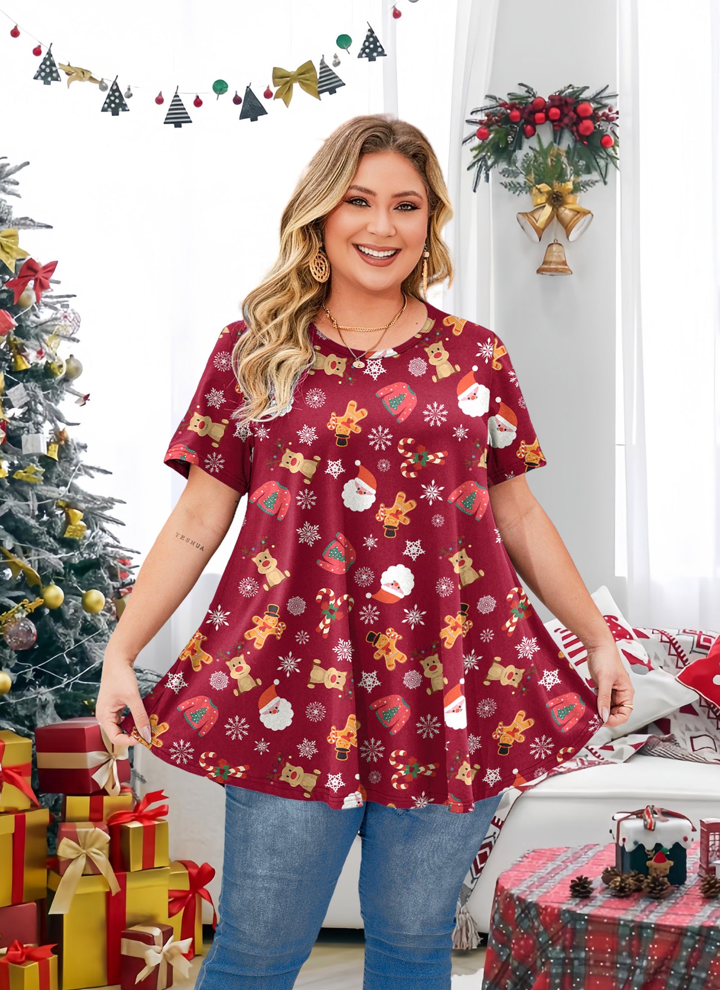 Tunic Tops for Women Plus Size Short Sleeve Crew Neck Swing Flare Loose T-Shirt Blouses to Wear with Leggings B19 SATXRC