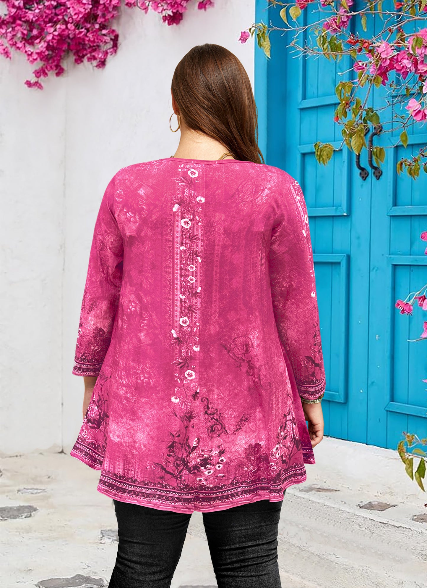 Womens Tunic 3/4 Sleeve Plus Size Tops Crew Neck Swing Flowy Loose Fit T-Shirt Blouses to Wear with Leggings Hot Pink Floral Tunic