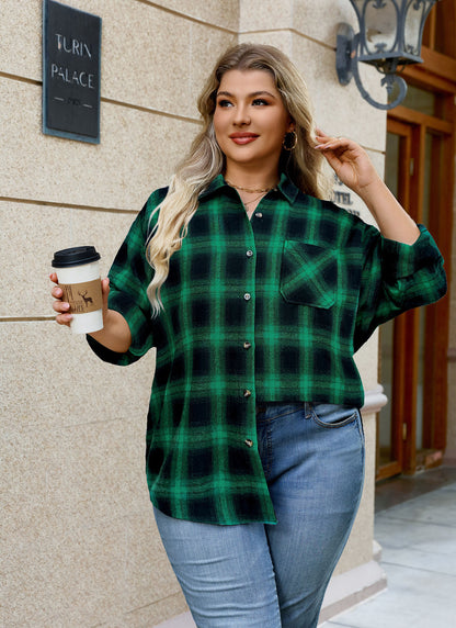 Womens Plus Size Flannel Shirts Long Sleeve Button Down Plaid Shirt Roll Up Oversize Checkered Blouse Top Fall F-01 Green Flannel Plaid Shirt