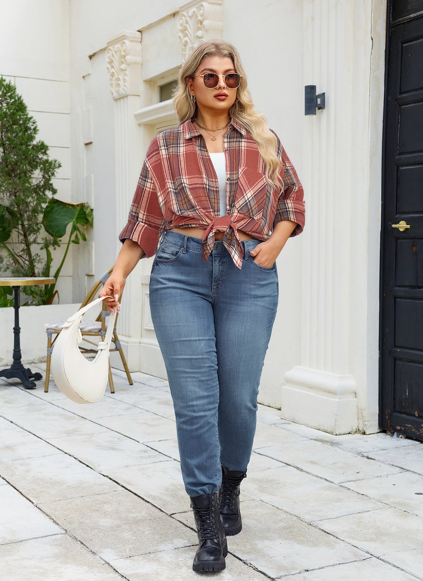 Womens Plus Size Flannel Shirts Long Sleeve Button Down Plaid Shirt Roll Up Oversize Checkered Blouse Top Fall G-04 Orange Plaid Flannel Shirt