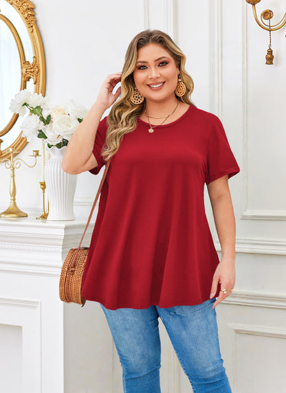 Tunic Tops for Women Plus Size Short Sleeve Crew Neck Swing Flare Loose T-Shirt Blouses to Wear with Leggings Plus Size Red Tops Tunics