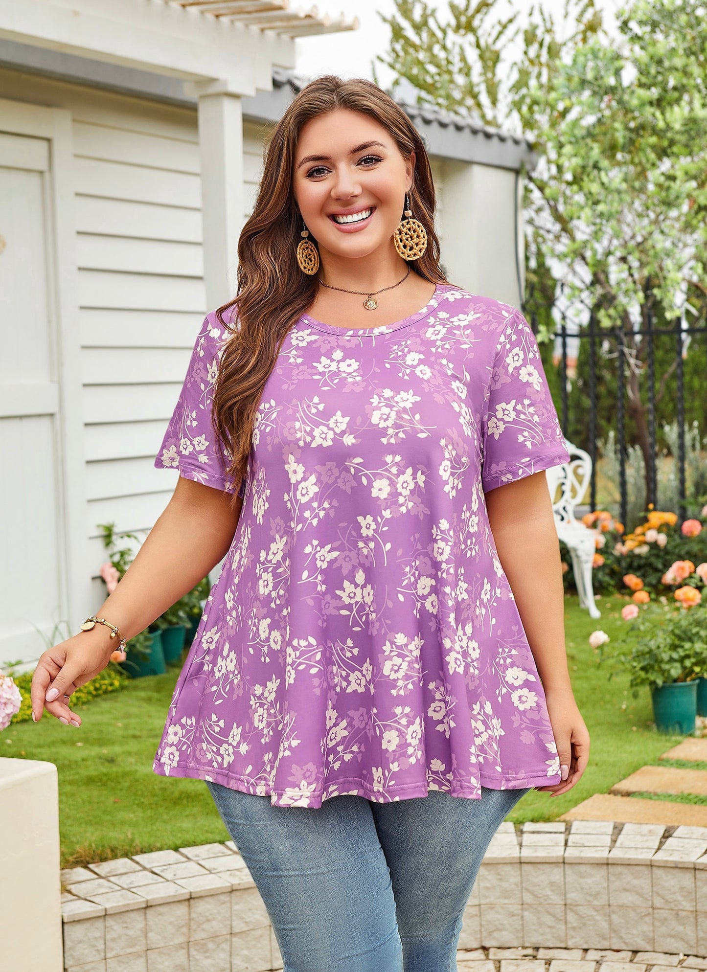 Womens Plus Size Tops Short Sleeve Swing Flare Flowy Tunic Loose Fit Summer Casual Blouses to Wear with Leggings Purple White Tunic