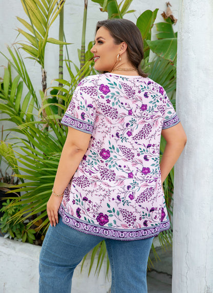 Tunic Tops for Women Plus Size Short Sleeve Crew Neck Swing Flare Loose T-Shirt Blouses to Wear with Leggings Purple Floral Tunic