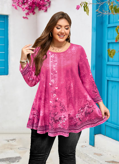 Womens Tunic 3/4 Sleeve Plus Size Tops Crew Neck Swing Flowy Loose Fit T-Shirt Blouses to Wear with Leggings Hot Pink Floral Tunic