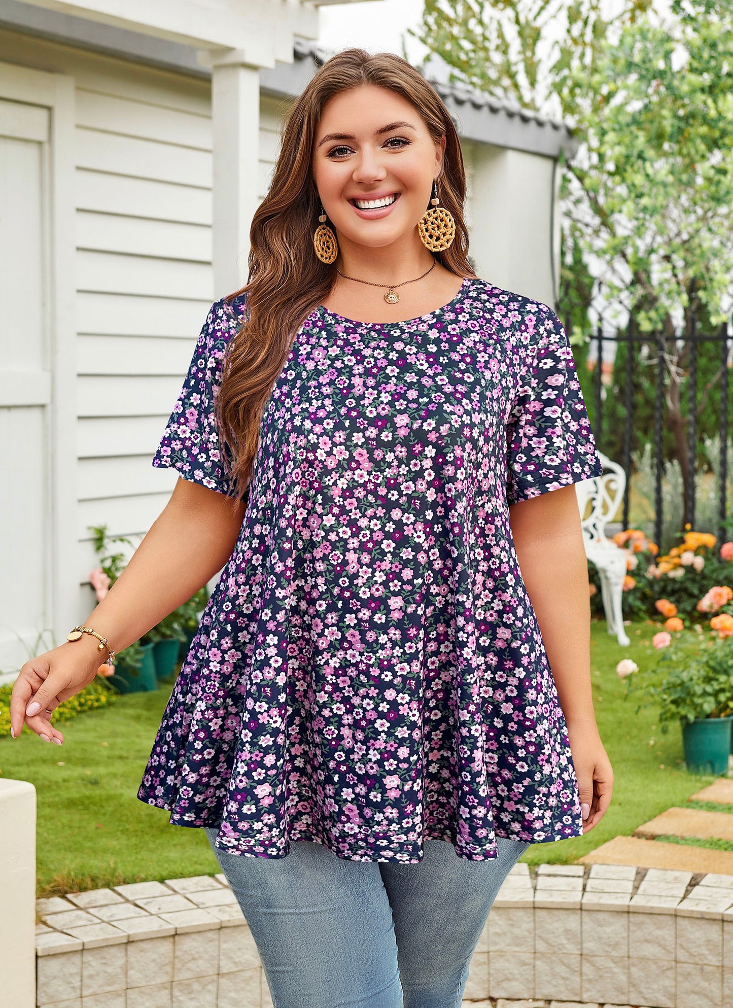 Womens Plus Size Tops Short Sleeve Swing Flare Flowy Tunic Loose Fit Summer Casual Blouses to Wear with Leggings Navy Blue Purple Tunic