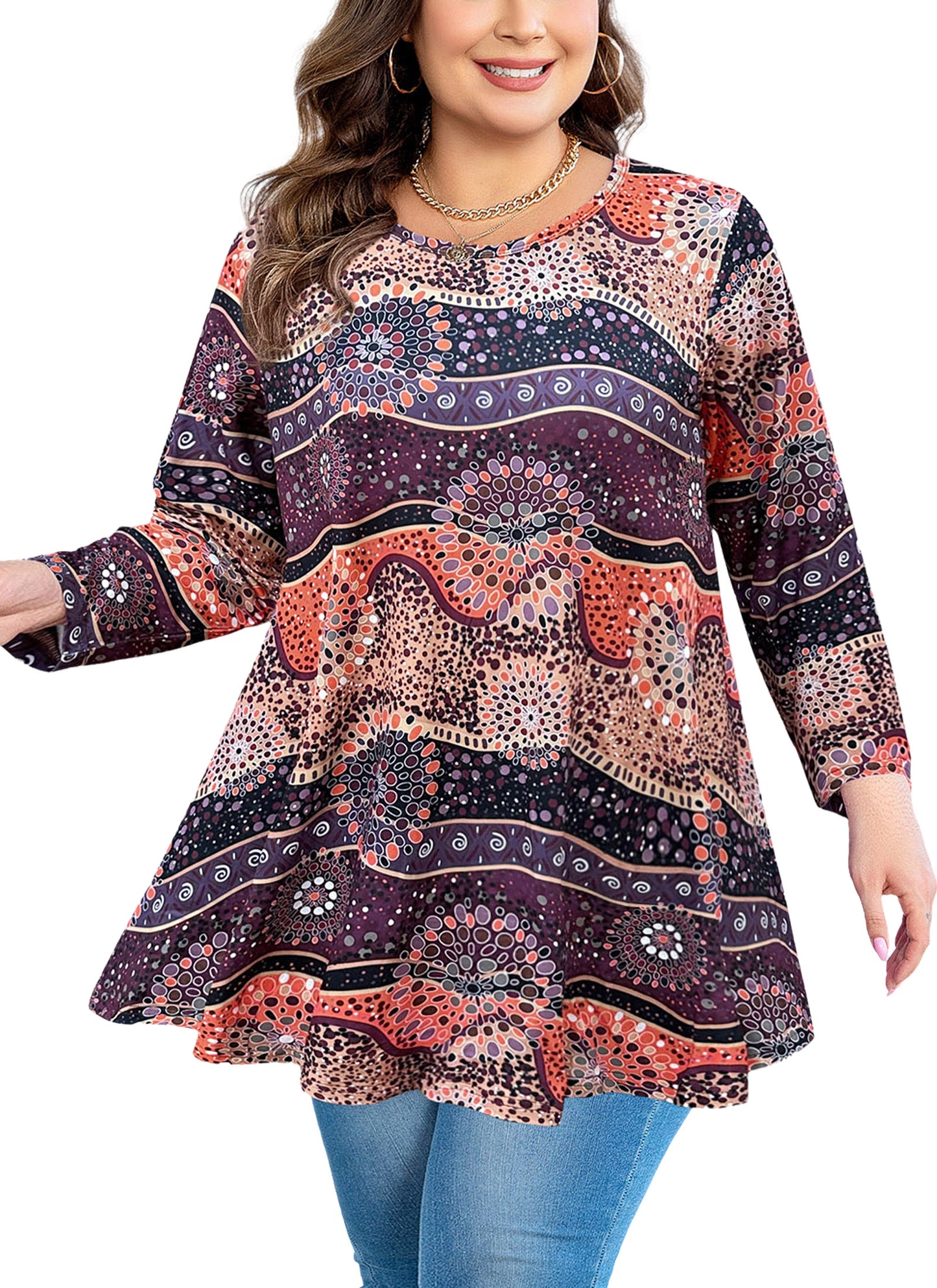 Womens Tunic Tops 3/4 Sleeve Plus Size Crew Neck Swing Flare Loose Fit T-Shirt Blouses to Wear with Leggings