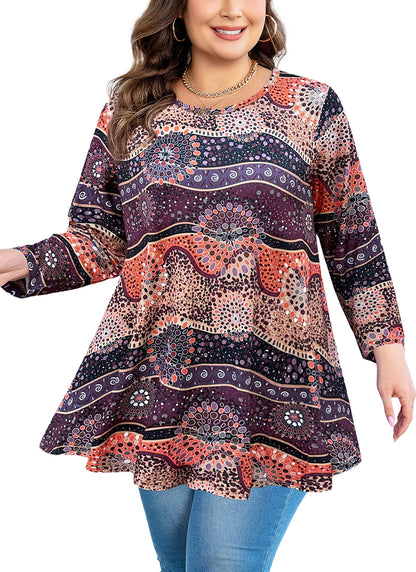 Womens Tunic Tops 3/4 Sleeve Plus Size Crew Neck Swing Flare Loose Fit T-Shirt Blouses to Wear with Leggings