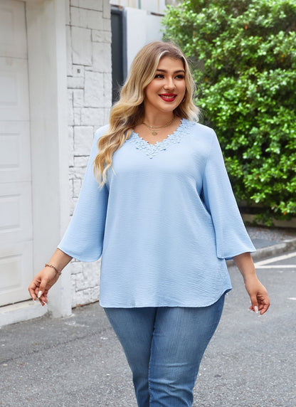 Womens Plus Size Blouses Dressy Casual 3/4 Sleeve Elegant V Neck Floral Trim Ladies Tunics Tops Light Blue