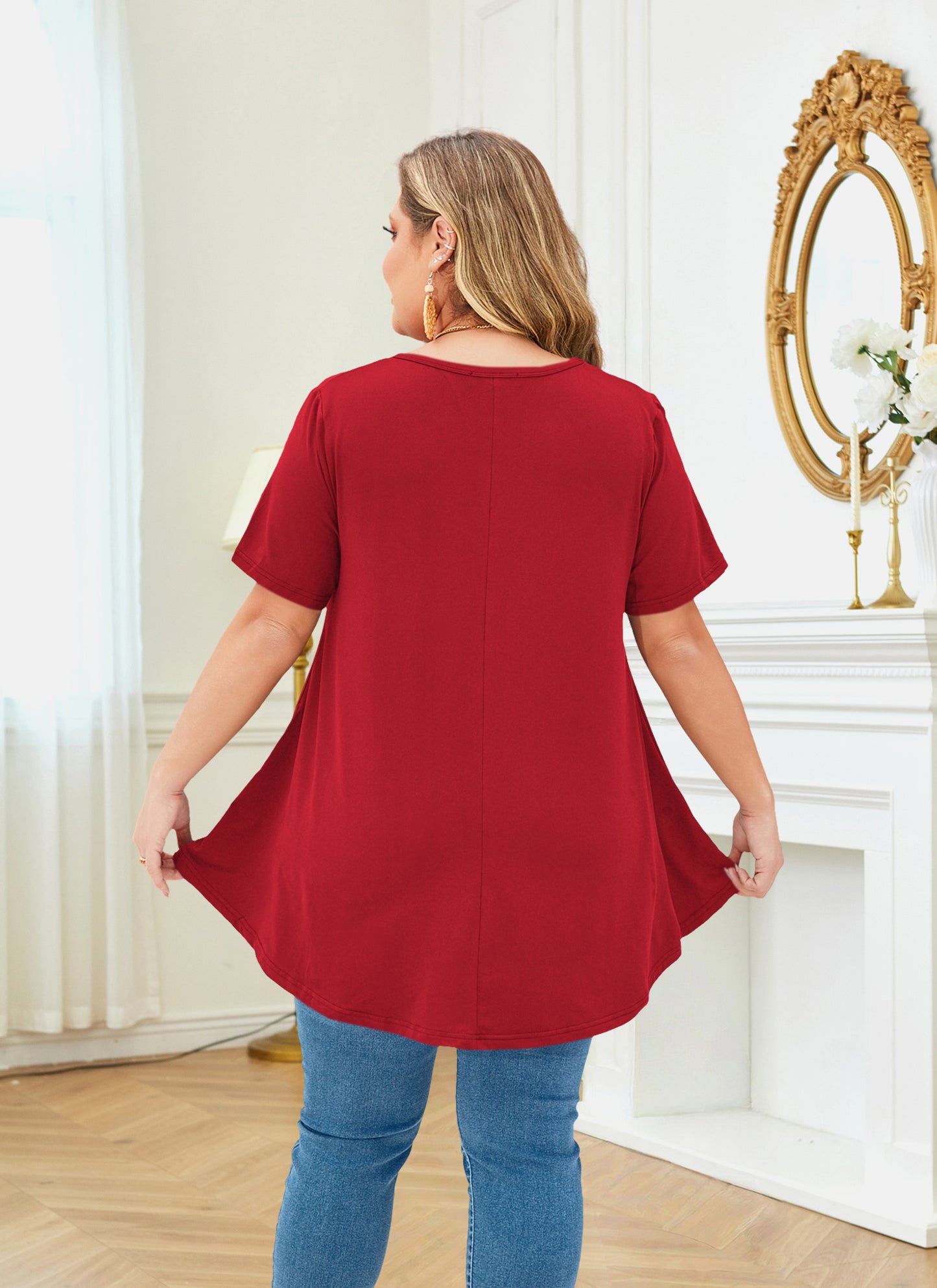 Tunic Tops for Women Plus Size Short Sleeve Crew Neck Swing Flare Loose T-Shirt Blouses to Wear with Leggings Plus Size Red Tops Tunics