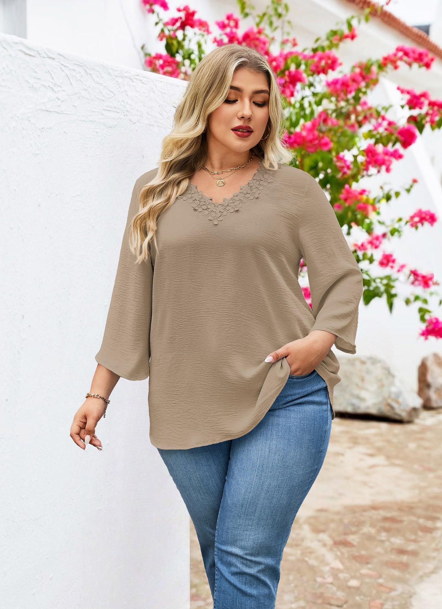 Womens Plus Size Blouses Dressy Casual 3/4 Sleeve Elegant V Neck Floral Trim Ladies Tunics Tops Khaki