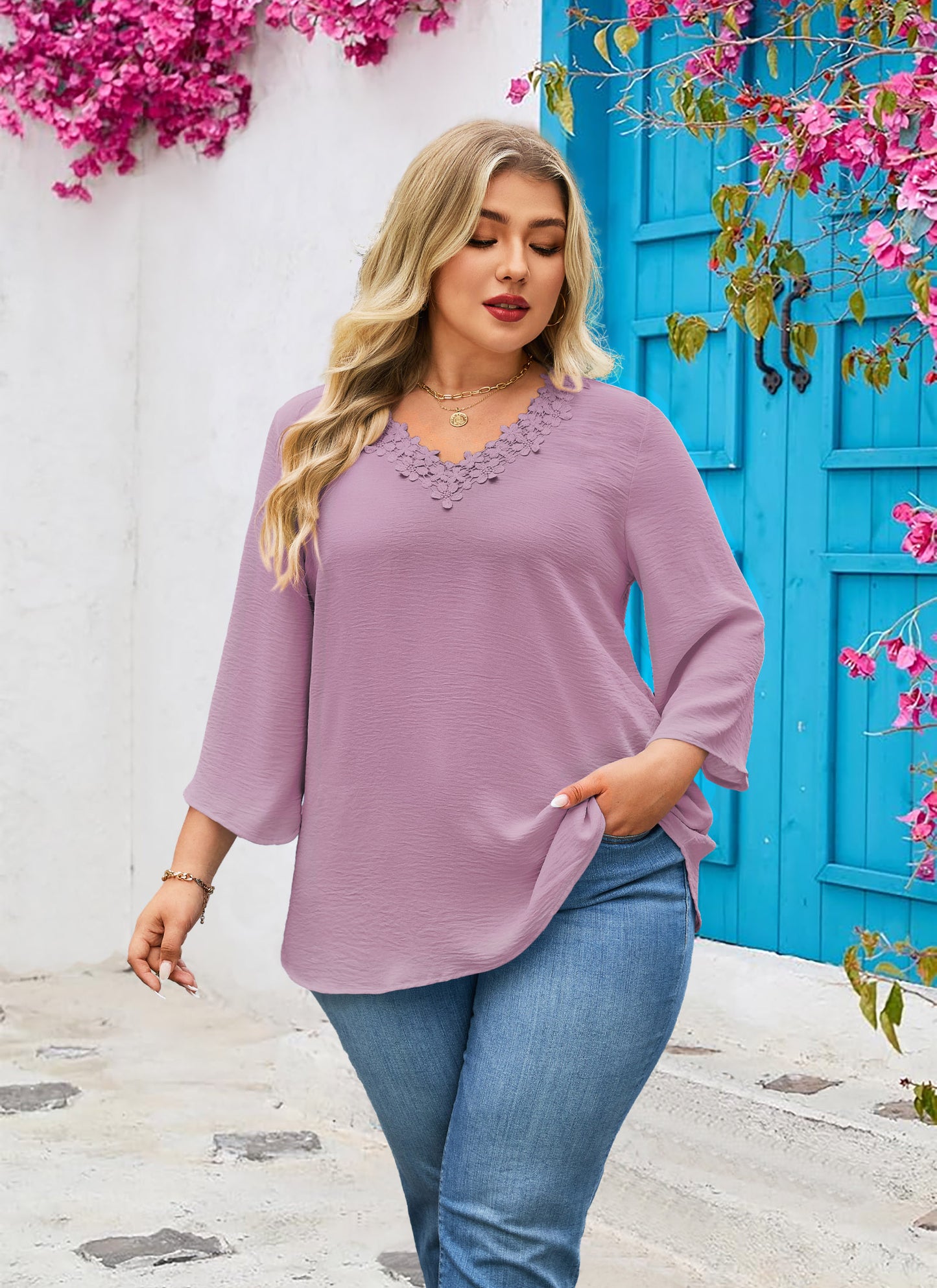 Womens Plus Size Blouses Dressy Casual 3/4 Sleeve Elegant V Neck Floral Trim Ladies Tunics Tops Purple